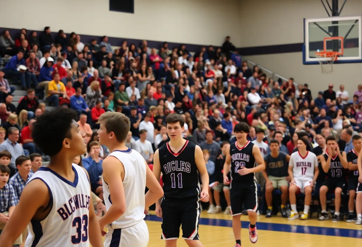 Basketball game action between MacArthur Generals and Normal West Wildcats