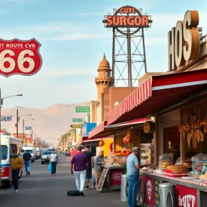 A lively marketplace scene on Route 66 during the Miami Centennial preparations.