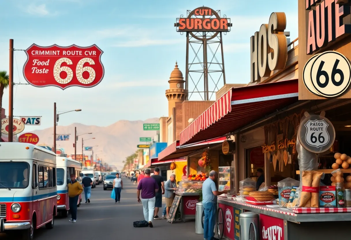 A lively marketplace scene on Route 66 during the Miami Centennial preparations.
