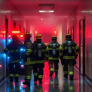 Firefighters at Midwest City Middle School during evacuation