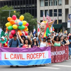 Crowd celebrating during the Oklahoma City MLK Day Parade with floats and performers.