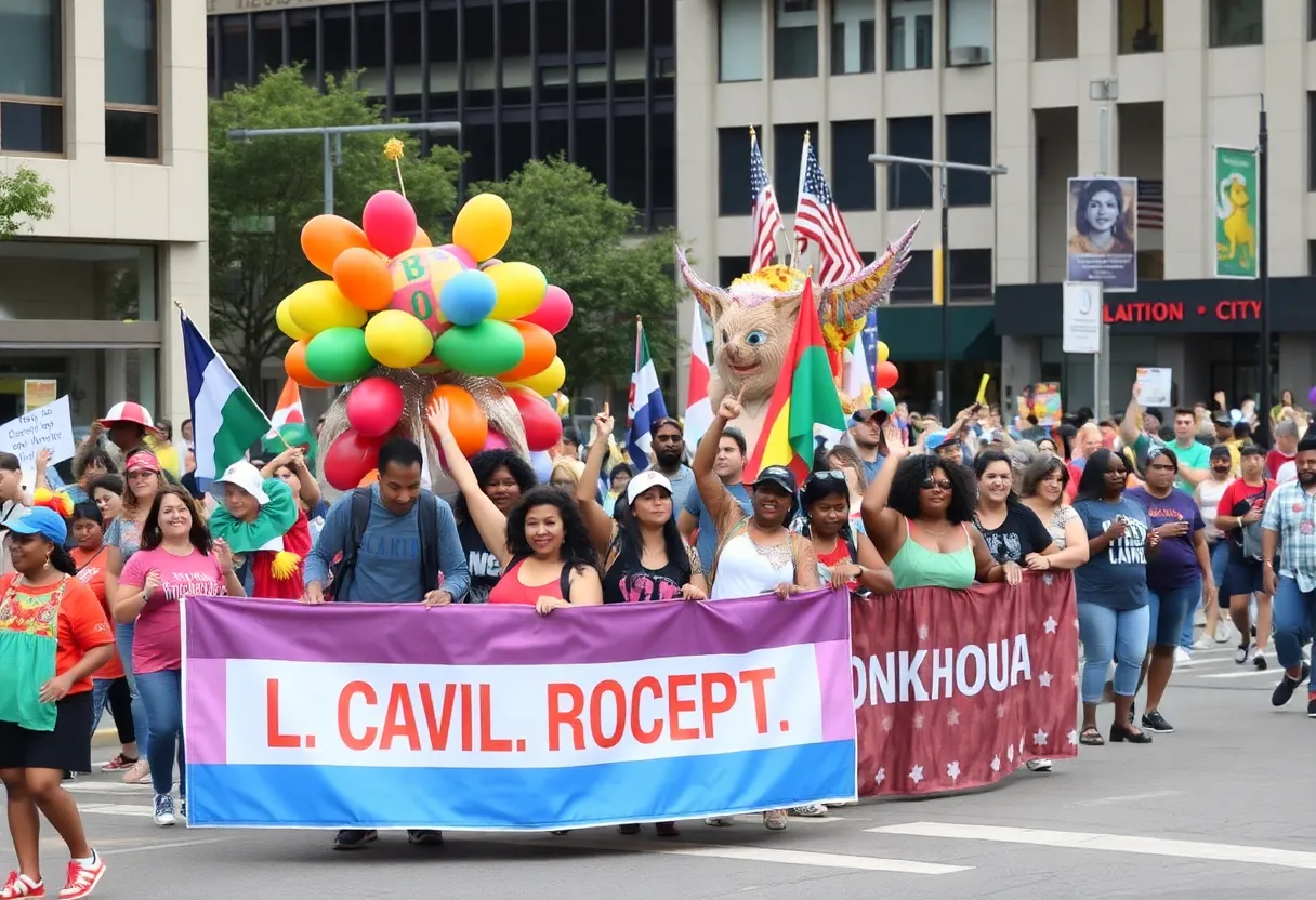 Crowd celebrating during the Oklahoma City MLK Day Parade with floats and performers.