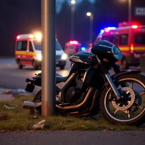Scene of a motorcycle crash with emergency response vehicles.