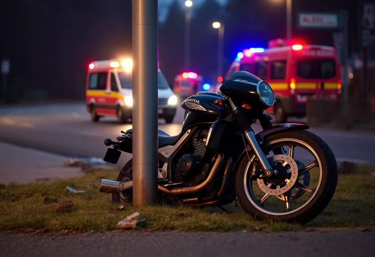 Scene of a motorcycle crash with emergency response vehicles.