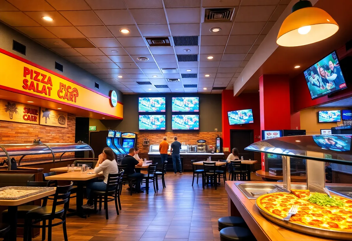 Interior of Mountain Mike's Pizza in Midwest City with families enjoying food