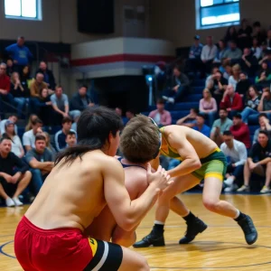 Wrestlers competing in a match at Oklahoma City University