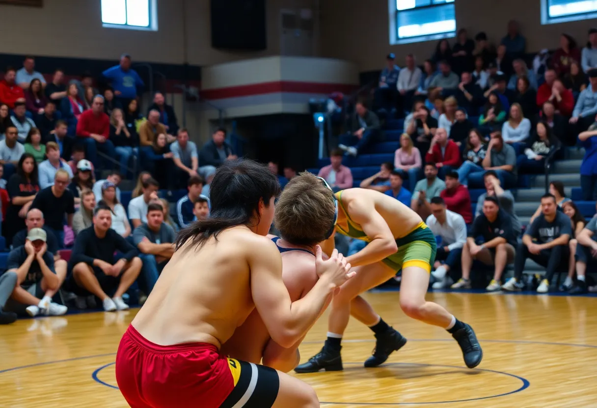 Wrestlers competing in a match at Oklahoma City University