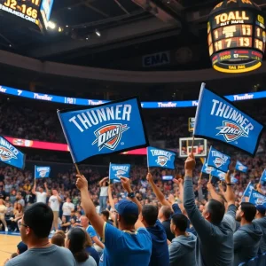 Fans at the Oklahoma City Thunder game cheering in the Paycom Center.