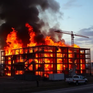 Firefighters extinguishing a fire at the Oklahoma Aviation Academy construction site