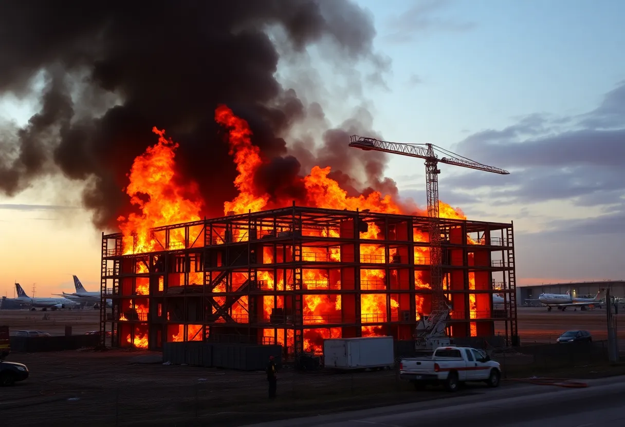 Firefighters extinguishing a fire at the Oklahoma Aviation Academy construction site