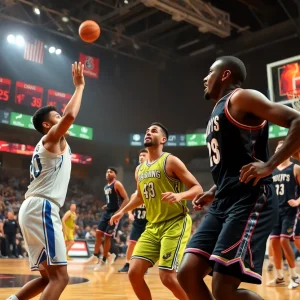 Team celebrating their victory on the basketball court with fans cheering.