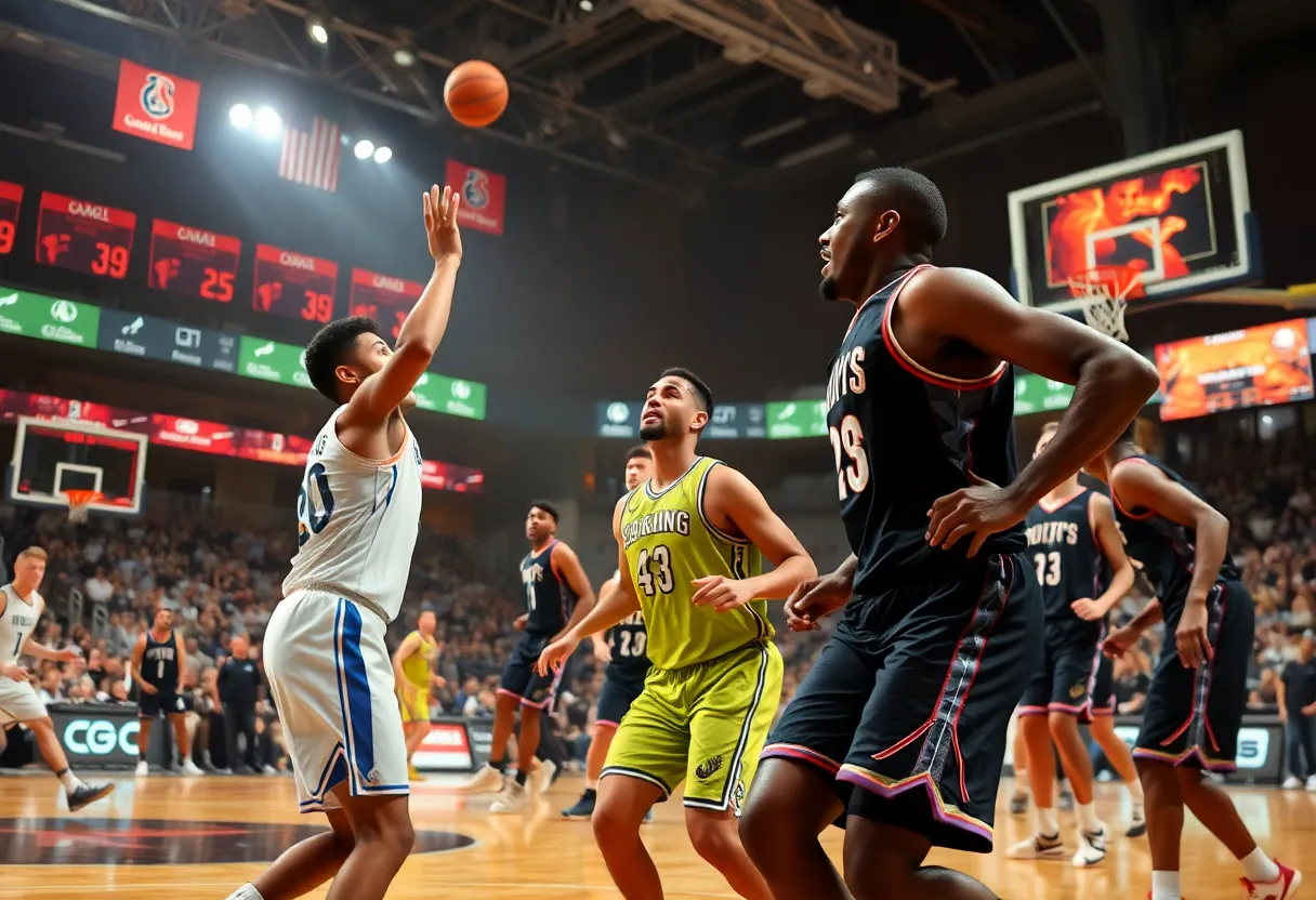 Team celebrating their victory on the basketball court with fans cheering.