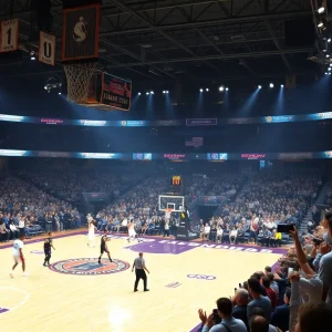 Basketball players competing in an indoor arena between Oklahoma City Blue and Windy City Bulls.