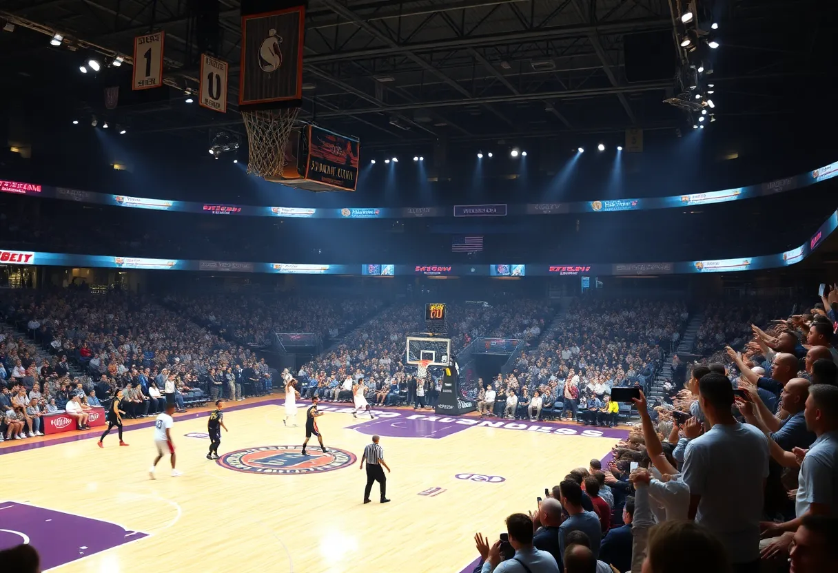 Basketball players competing in an indoor arena between Oklahoma City Blue and Windy City Bulls.