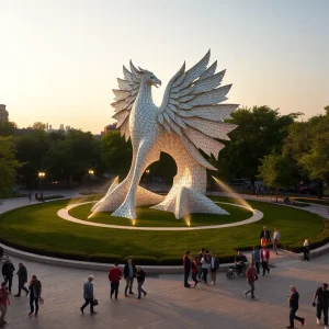 A large sculpture titled 'Bolt Tower' standing tall in Fair Park, Oklahoma City, featuring colorful dynamic lighting.