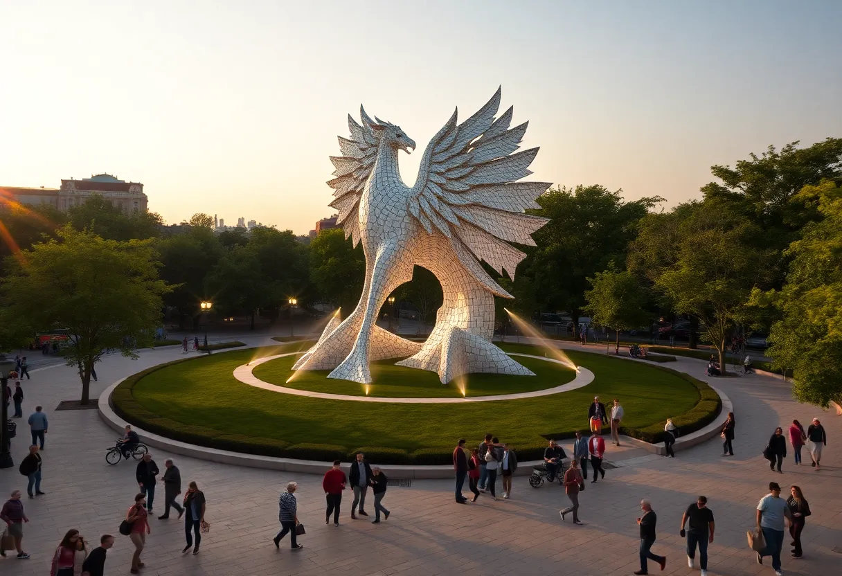 A large sculpture titled 'Bolt Tower' standing tall in Fair Park, Oklahoma City, featuring colorful dynamic lighting.