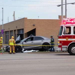 Emergency responders at the scene of a car crash that caused a building fire in Oklahoma City.