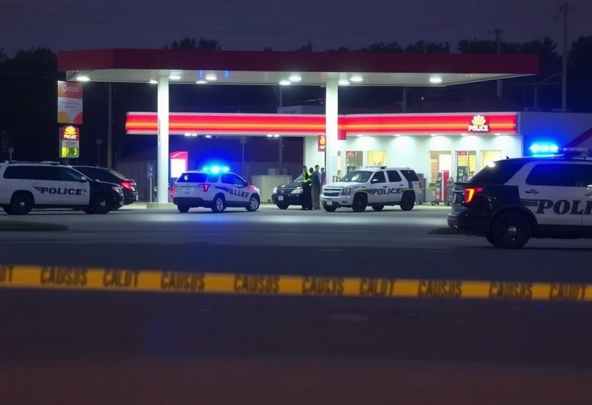 Gas station parking lot in Oklahoma City with police presence after a shooting incident.