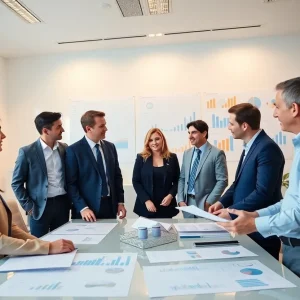 Executives discussing economic strategies in a conference setting