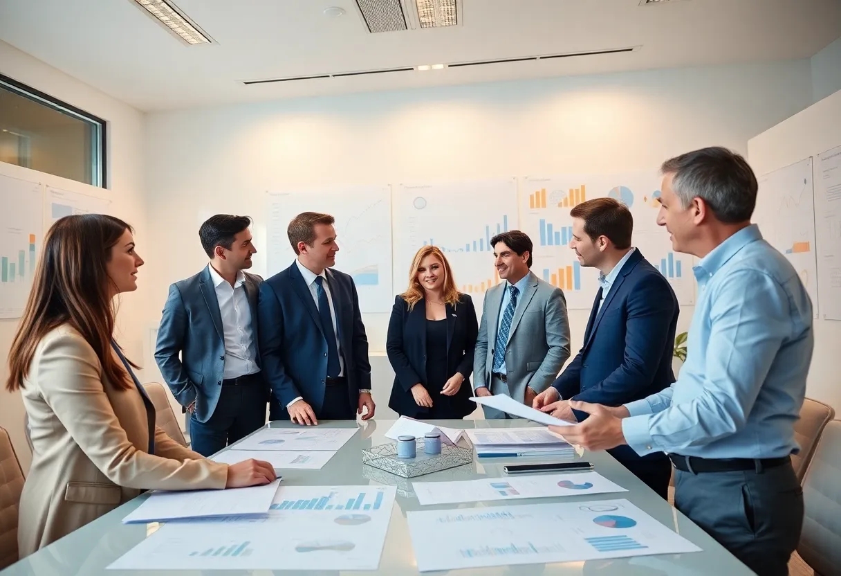 Executives discussing economic strategies in a conference setting