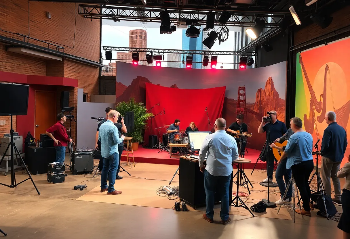 Oklahoma City film set with local musicians and landscape.