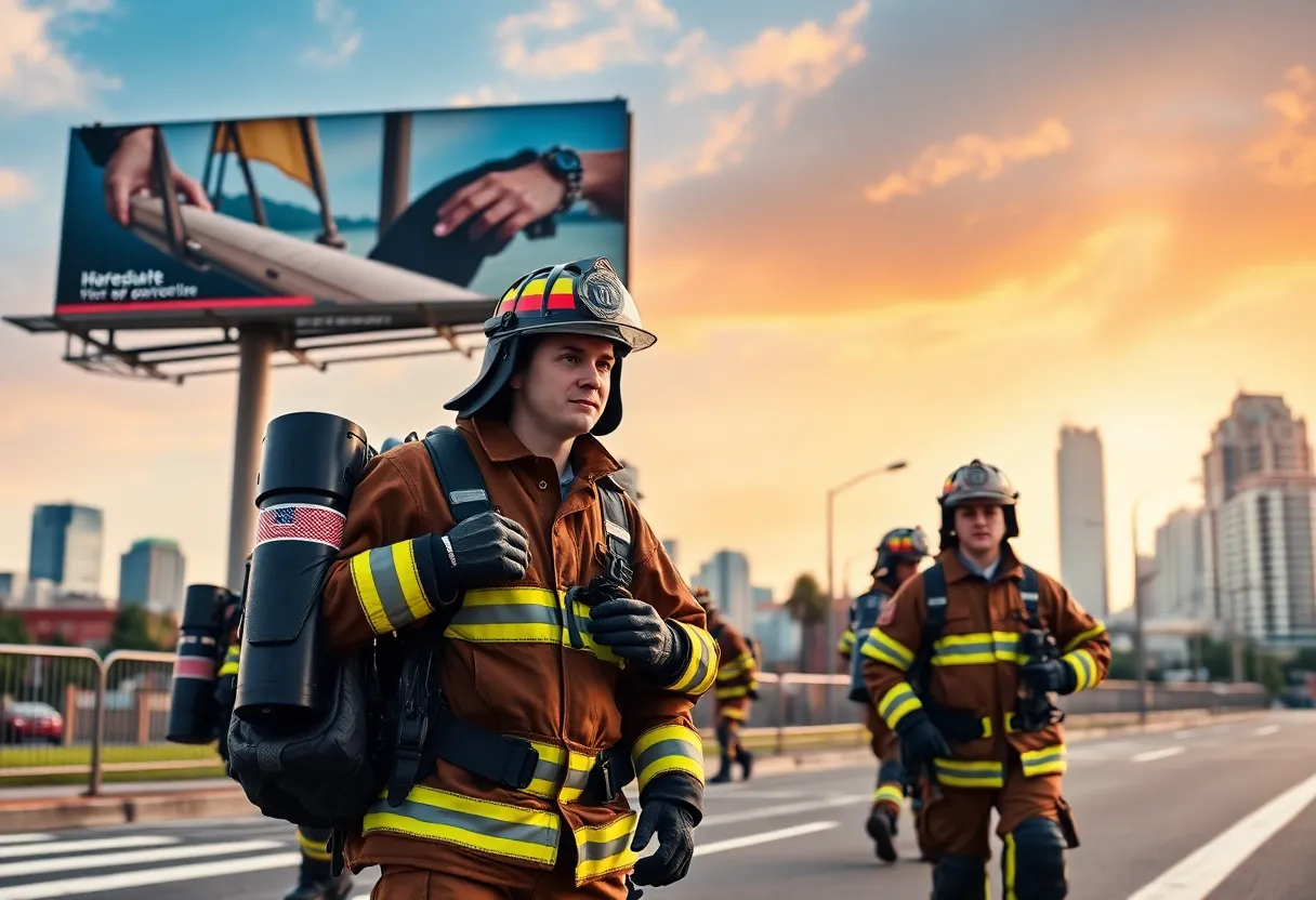 Firefighters rescuing a worker from a billboard in Oklahoma City