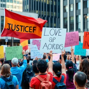 A colorful protest with people holding signs in Oklahoma City.