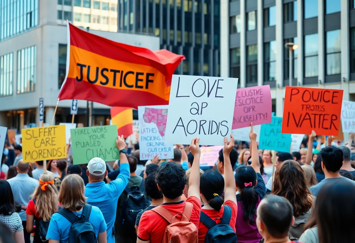 A colorful protest with people holding signs in Oklahoma City.
