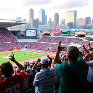 Crowd cheering at an Olympic event in Oklahoma City