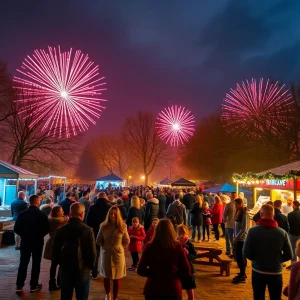 Families celebrating New Year’s Eve at Scissortail Park in Oklahoma City with music and lights.