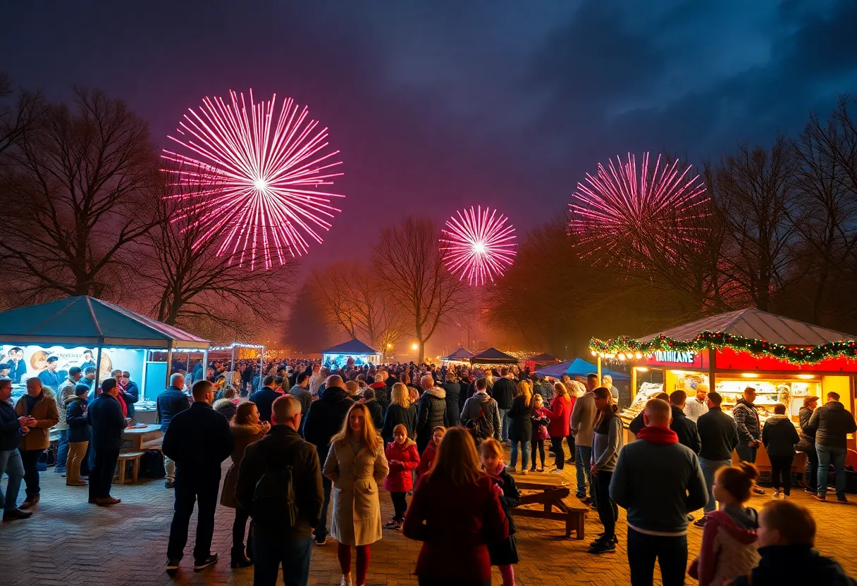 Families celebrating New Year’s Eve at Scissortail Park in Oklahoma City with music and lights.