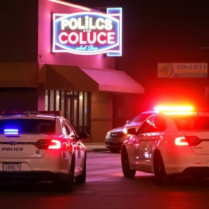 Police vehicles responding to a drive-by shooting incident in Oklahoma City at night.