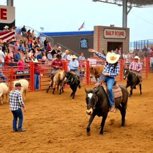 Rodeo riders competing at the Oklahoma City ProRodeo