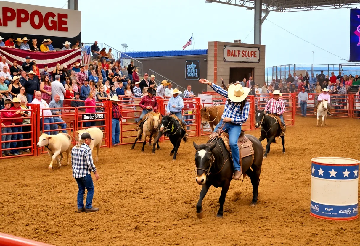 Rodeo riders competing at the Oklahoma City ProRodeo