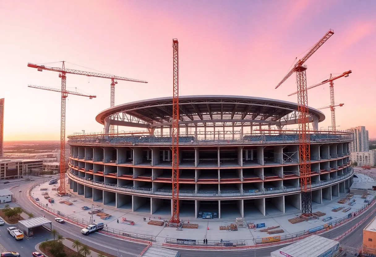 Construction site of the new multipurpose stadium in downtown Oklahoma City with cranes and workers.