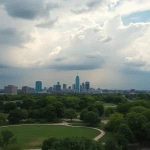 Oklahoma City skyline with clouds and hints of rain