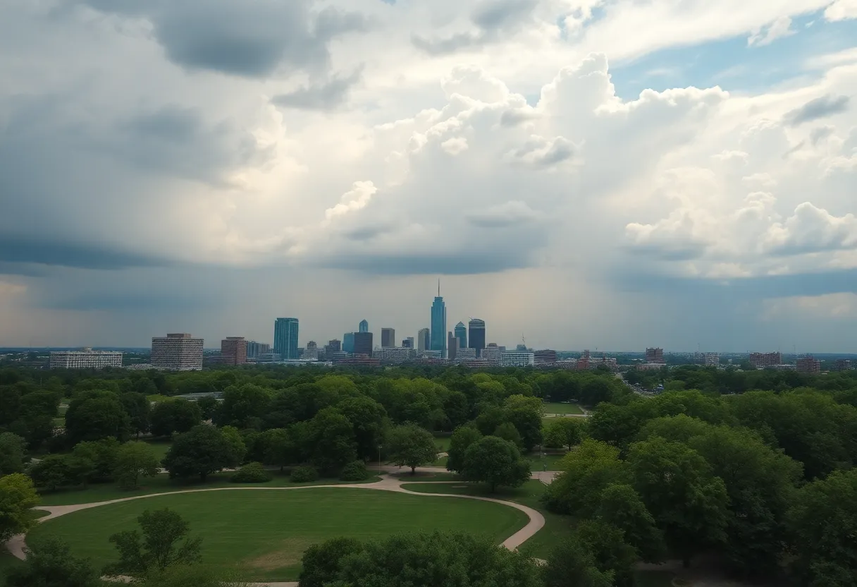 Oklahoma City skyline with clouds and hints of rain