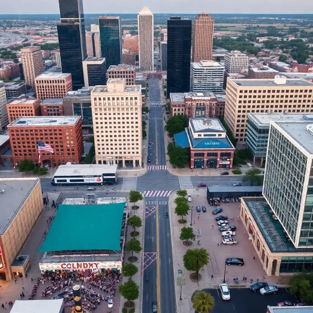 Aerial view of Oklahoma City with people participating in weekend events.