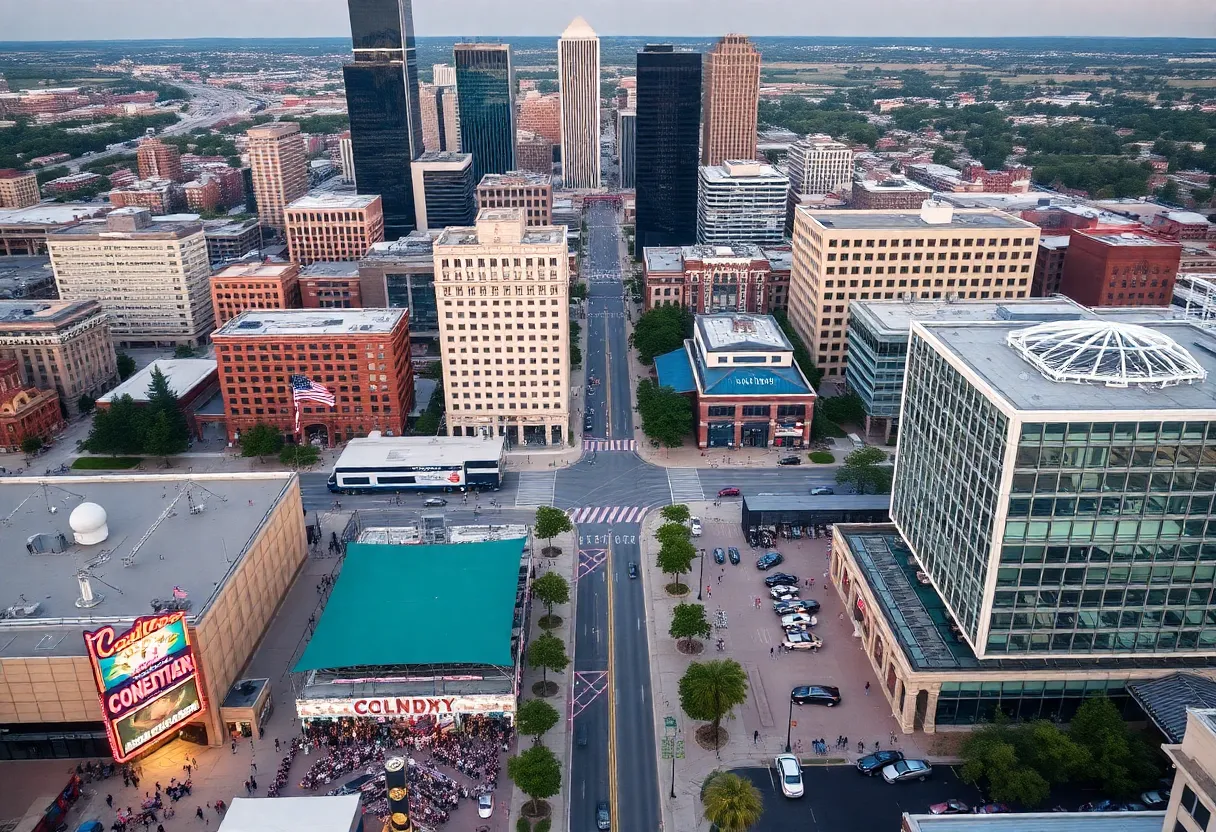 Aerial view of Oklahoma City with people participating in weekend events.