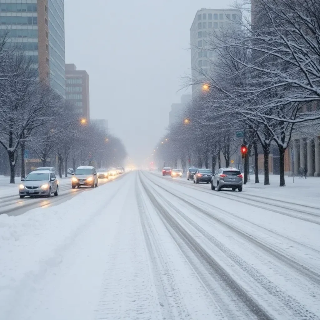 Snow-covered streets in Oklahoma City during winter storm conditions