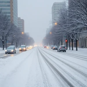 Snow-covered streets in Oklahoma City during winter storm conditions