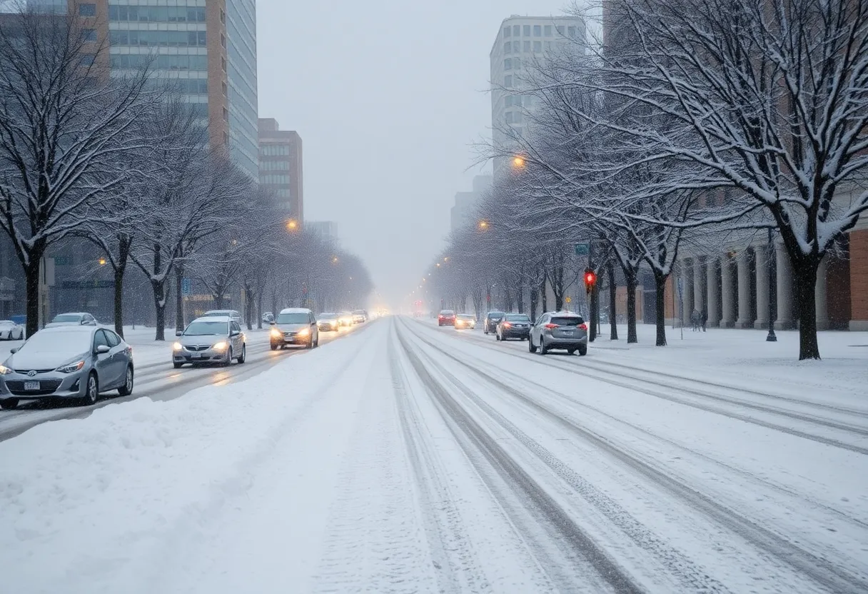 Snow-covered streets in Oklahoma City during winter storm conditions