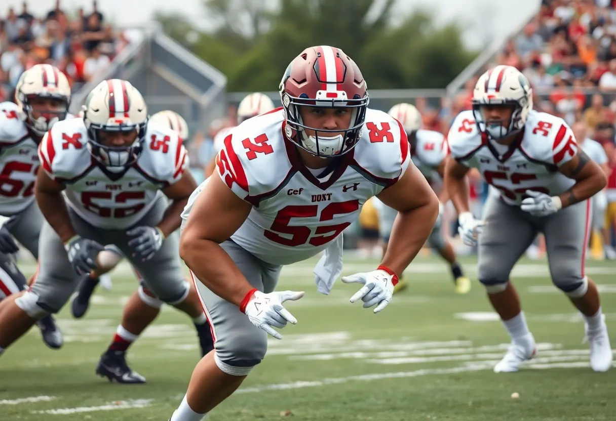 Offensive lineman in a football game displaying strength and teamwork.