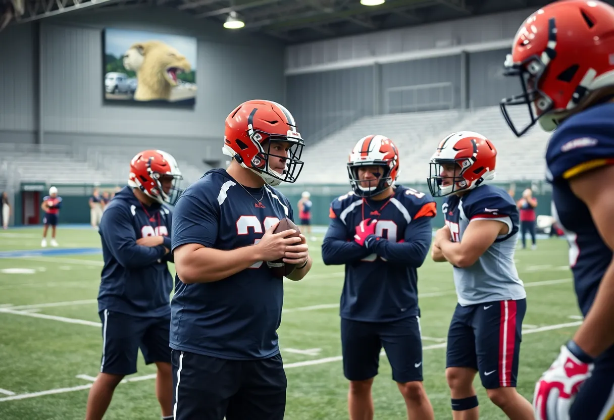 Football players practicing under the guidance of a coach at Oklahoma's training facility.