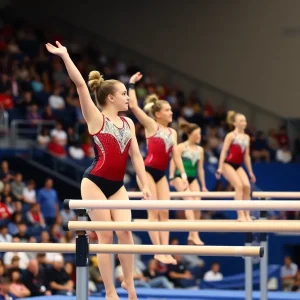 Gymnast performing on the parallel bars at Oklahoma gymnastics competition