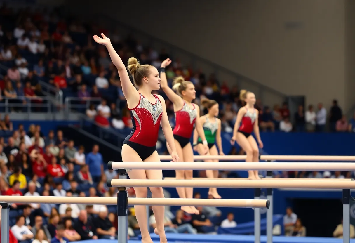 Gymnast performing on the parallel bars at Oklahoma gymnastics competition