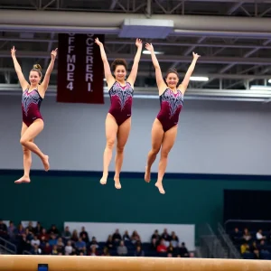 Oklahoma women's gymnastics team performing during a competition at the Maverik Center