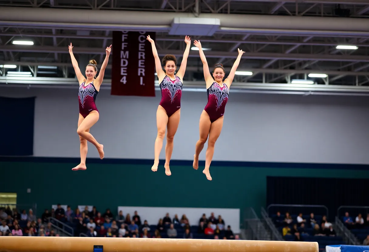 Oklahoma women's gymnastics team performing during a competition at the Maverik Center