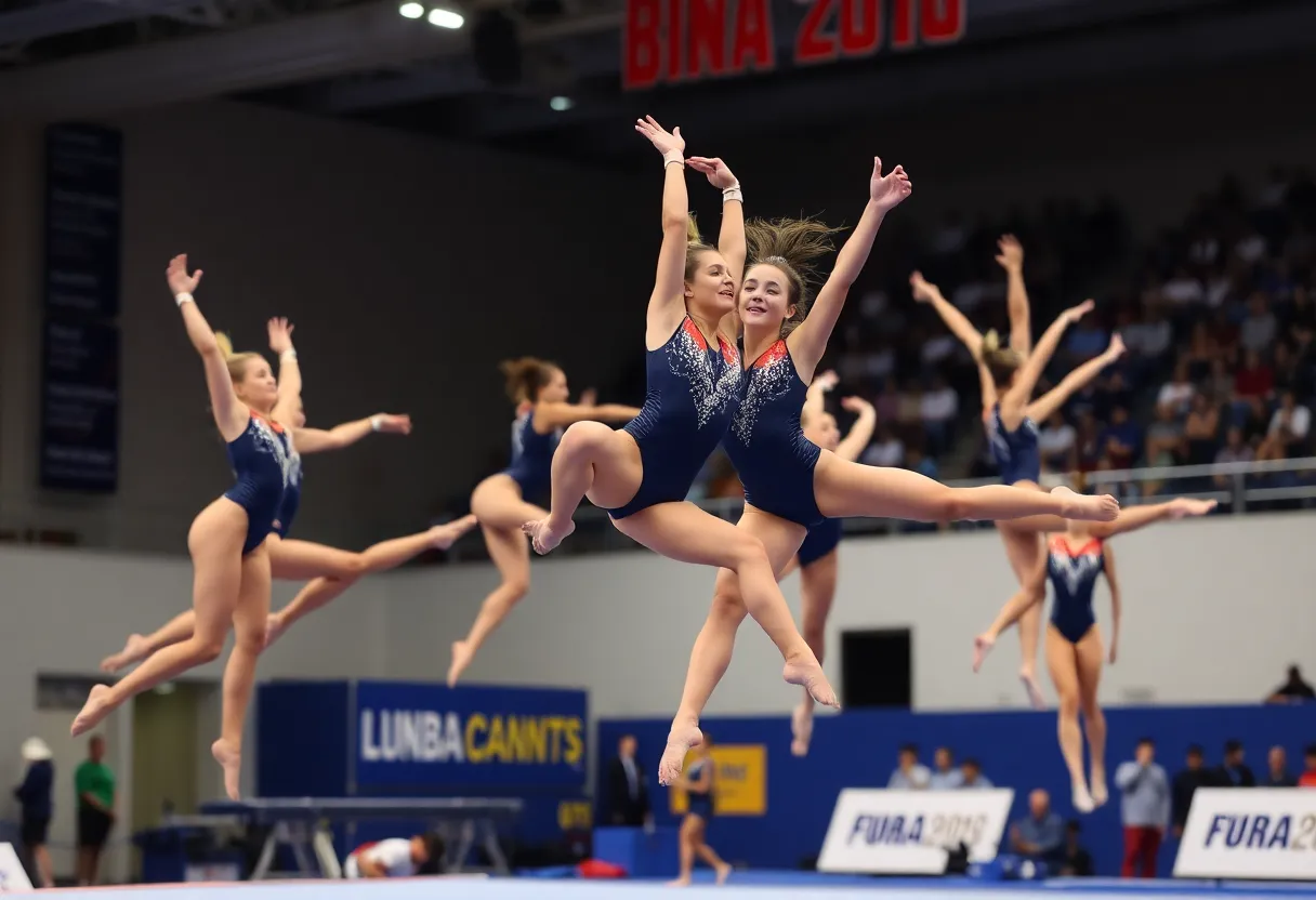 Athletes from Oklahoma gymnastics team performing at the competition