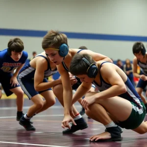 Young athletes competing in a high school wrestling match.